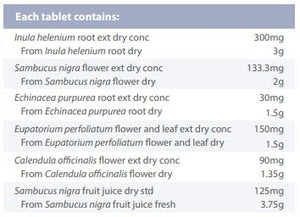 Supplement facts for ImmunoForte 60T listing ingredients including Boneset, Calendula Extract, Echinacea Angustifolia, Echinacea purpurea, Elderberry (Sambucus nigra)