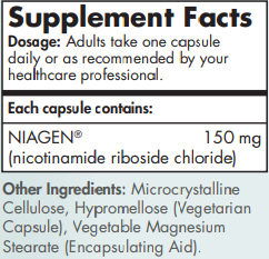 Supplement facts for Tru Nigen 150mg listing ingredients including Nicotinamide Riboside, Vitamin B3 Nicotinamide Riboside Chloride (NRCl)