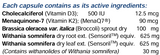 Supplement facts for CardiOS 60 caps listing ingredients including Ashwagandha (Withania somnifera), Brassica oleracea, Broccoli, Broccoli Powder, Cholecalciferol