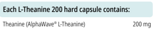 Supplement facts for L Theanine 200 listing ingredients including Theanine (L-Theanine), Theanine (L‑theanine)