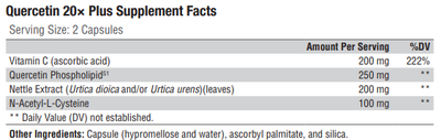 Supplement facts for Quercetin 20x Plus listing ingredients including Ascorbic Acid, N-acetyl-l-Cysteine (NAC), Nettle extract, Quercetin, Stinging nettle (Urtica dioica)