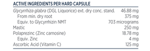 Supplement facts for GastroMend-HP™ listing ingredients including Ascorbic Acid, Chios Mastiha, Deglycyrrhizinated licorice, Glycyrrhiza glabra, Licorice