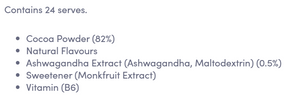 Supplement facts for Hot Choc with Ashwagandha listing ingredients including Ashwagandha, Cocoa Powder, Vitamin B6 (pyridoxine)