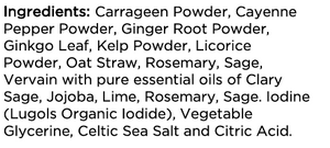Supplement facts for Brain Tonic 250ml listing ingredients including Ginger, Gingko biloba, Glycyrrhiza glabra, Iodine, Jojoba Oil