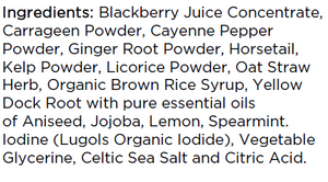 Supplement facts for Iron Tonic listing ingredients including Aniseed, Blackberry, Brown rice, Cayenne Pepper, Cellulose (vegetarian capsule)