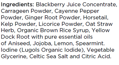 Supplement facts for Iron Tonic listing ingredients including Aniseed, Blackberry, Brown rice, Cayenne Pepper, Cellulose (vegetarian capsule)