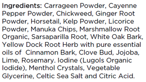 Supplement facts for Adrenal Tonic listing ingredients including Althaea officinalis, Carrageenan, Cayenne Pepper, Chickweed Extract, Cinnamon