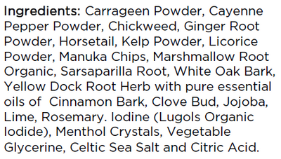Supplement facts for Adrenal Tonic listing ingredients including Althaea officinalis, Carrageenan, Cayenne Pepper, Chickweed Extract, Cinnamon