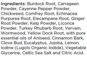Supplement facts for Energy Elixir 250ml listing ingredients including Aniseed, Burdock extract, Cayenne Pepper, Chickweed Extract, Cinnamon