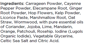 Supplement facts for Recovery Tonic listing ingredients including Althaea officinalis, Blood orange, Carrageenan, Cayenne Pepper, Citric Acid