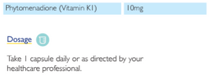 Supplement facts for Vitamin K1 10mg listing ingredients including Vitamin K, Vitamin K1 (Phytomenadione)