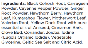Supplement facts for Heart Health listing ingredients including Aniseed, Black cohosh, Cayenne Pepper, Cinnamomum cassia, Cinnamon