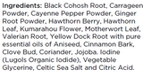 Supplement facts for Heart Health listing ingredients including Aniseed, Black cohosh, Cayenne Pepper, Cinnamomum cassia, Cinnamon