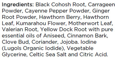 Supplement facts for Heart Health listing ingredients including Aniseed, Black cohosh, Cayenne Pepper, Cinnamomum cassia, Cinnamon