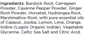 Supplement facts for Kidney Tonic listing ingredients including Althaea officinalis, Burdock extract, Cayenne Pepper, Citric Acid, Ginger