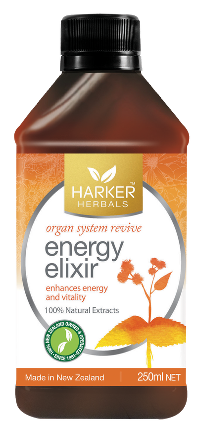 A supplement container of Energy Elixir 250ml by Harker Herbals
