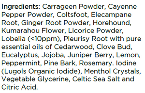 Supplement facts for Deep Lung Support listing ingredients including Cayenne Pepper, Cedarwood Oil, Citric Acid, Clove bud, Elecampane