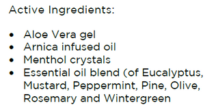 Supplement facts for Bruise & Muscle Rub 100ml listing ingredients including Aloe Vera, Black Mustard, Eucalyptus Oil, Menthol, Olive extract