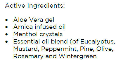 Supplement facts for Bruise & Muscle Rub 100ml listing ingredients including Aloe Vera, Black Mustard, Eucalyptus Oil, Menthol, Olive extract