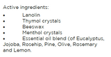 Supplement facts for Healing Balm 30ml listing ingredients including Beeswax, Eucalyptus Oil, Jojoba Oil, Lemon Extract, Menthol