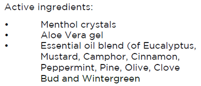Supplement facts for Chest Rub 30ml listing ingredients including Aloe Vera, Cinnamon, Clove bud, Menthol, Olive extract