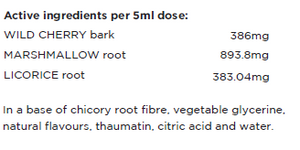 Supplement facts for Children's Chest Soothe (Night) 150ml listing ingredients including Althaea officinalis, Cherry, Chicory extract, Fibre, Glycine