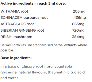 Supplement facts for Immune Boost 100ml listing ingredients including Ashwagandha (Withania somnifera), Astragalus, Echinacea Angustifolia, Echinacea purpurea, Ginseng