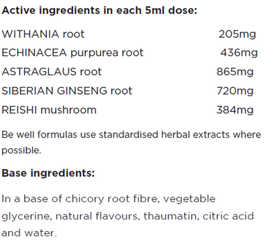 Supplement facts for Immune Boost 100ml listing ingredients including Ashwagandha (Withania somnifera), Astragalus, Echinacea Angustifolia, Echinacea purpurea, Ginseng