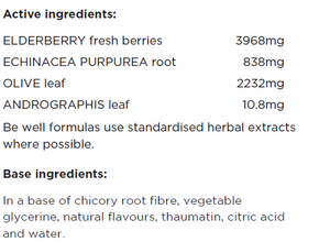 Supplement facts for Vira Guard listing ingredients including Andrographis paniculata, Chicory extract, Citric Acid, Echinacea Angustifolia, Echinacea purpurea