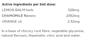 Supplement facts for Children's Calm & Sleep listing ingredients including Chamomile, Chicory extract, Citric Acid, Fibre, Glycine
