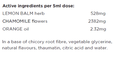 Supplement facts for Children's Calm & Sleep listing ingredients including Chamomile, Chicory extract, Citric Acid, Fibre, Glycine
