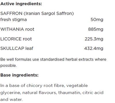 Supplement facts for Stress Relief listing ingredients including Ashwagandha (Withania somnifera), Chicory extract, Citric Acid, Fibre, Glycine