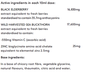 Supplement facts for Vitamin C Elderberry + Zinc 200ml listing ingredients including Anthocyanins, Ascorbic Acid, Chicory extract, Citric Acid, Elderberry extract
