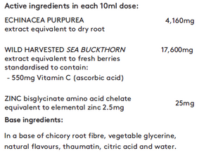 Supplement facts for Echinacea Vitamin C + Zinc 200ml listing ingredients including Ascorbic Acid, Chicory extract, Citric Acid, Echinacea purpurea, Fibre