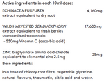 Supplement facts for Echinacea Vitamin C + Zinc 200ml listing ingredients including Ascorbic Acid, Chicory extract, Citric Acid, Echinacea purpurea, Fibre