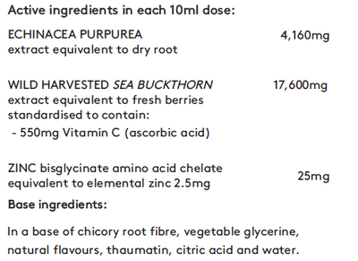 Supplement facts for Echinacea Vitamin C + Zinc 200ml listing ingredients including Ascorbic Acid, Chicory extract, Citric Acid, Echinacea purpurea, Fibre