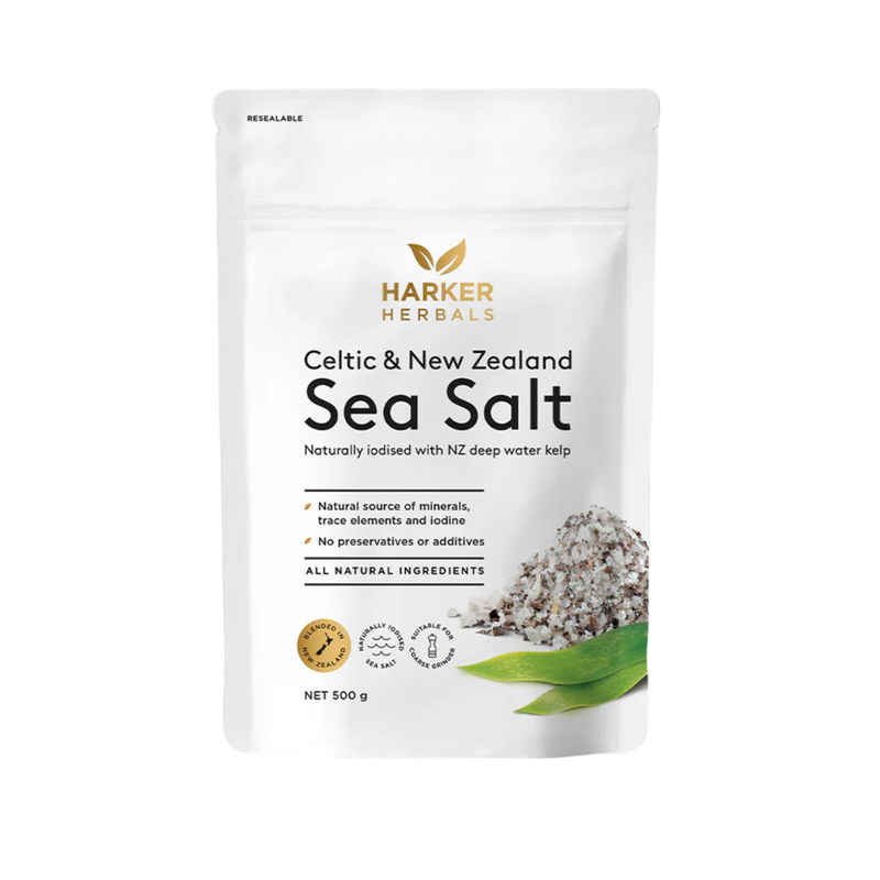 A supplement container of Celtic & New Zealand Sea Salt with Kelp 300g by Harker Herbals