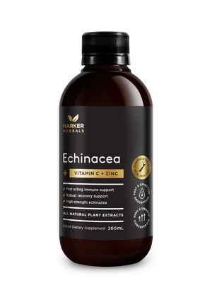 A supplement container of Echinacea Vitamin C + Zinc 200ml by Harker Herbals
