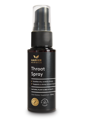 A supplement container of Throat Spray 30ml by Harker Herbals