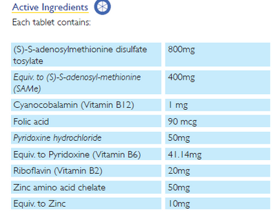 Supplement facts for SAMe 400 Complex listing ingredients including Cyanocobalamin, Folic acid, S-Adenosyl-L-Methionine, S-Adenosyl-L-methionine, S-adenosyl-L-methionine (SAMe)