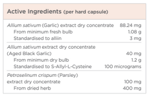 Supplement facts for Garlic Synergy listing ingredients including Alliin, Allium sativum, Cysteine, Cysteine (L-Cysteine), Garlic extract