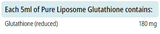 Supplement facts for Pure Liposome Glutathione 100ml listing ingredients including Glutathione
