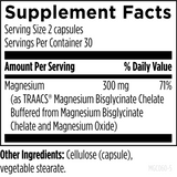 Text listing the ingredients including Magnesium, TRAACS, Magnesium bisglycinate, chelate, oxide, cellulose (capsule), vegetable stearate.