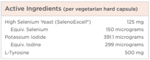 Supplement facts for Iodine Synergy (Discontinued) listing ingredients including Iodine, Potassium iodide, Selenium, Selenium Selenoexcell, Tyrosine (L-Tyrosine)