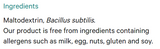 Supplement facts for Daily Peribiotic - 30x1g Sachets listing ingredients including Bacillus Subtilis, Maltodextrin resistant, Tapioca maltodextrin