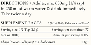 Supplement facts for Chaga listing ingredients including Chaga extract