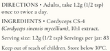 Supplement facts for Cordyceps listing ingredients including Cordyceps, Cordyceps sinensis