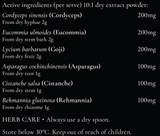 Supplement facts for JING listing ingredients including Asparagus, Cordyceps, Cordyceps sinensis, Goji berry, Lycium barbarum