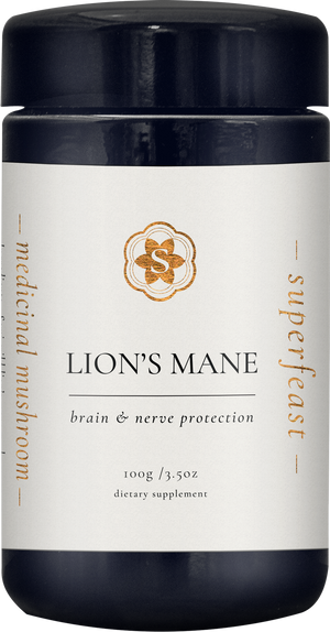 A supplement container of Lions Mane by SuperFeast