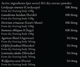 Supplement facts for Mason's Mushrooms - 100g listing ingredients including Agaricus bisporus, Chaga extract, Cordyceps, Cordyceps sinensis, Ganoderma Lucidum